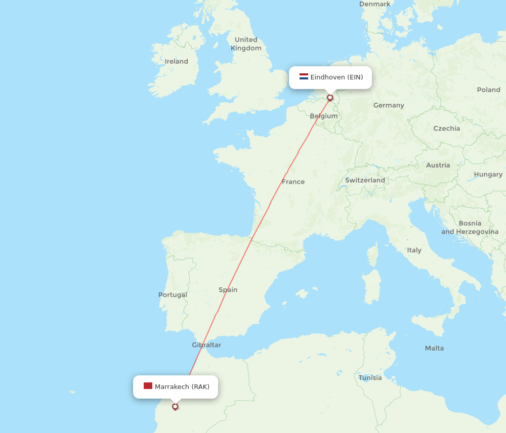 Marrakech - Eindhoven route map and flight paths