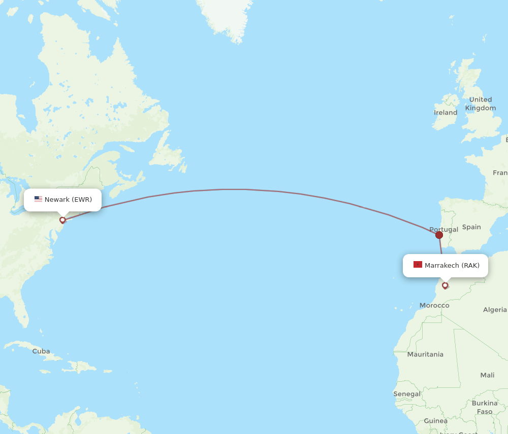 RAK to EWR flights and routes map