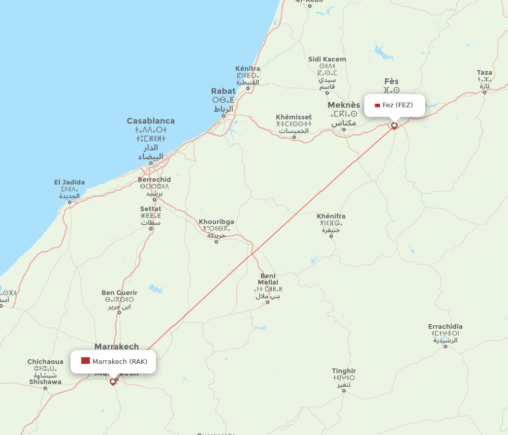 Marrakech - Fes route map and flight paths