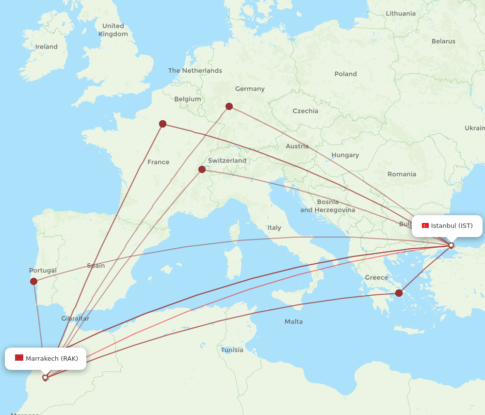 RAK to IST flights and routes map