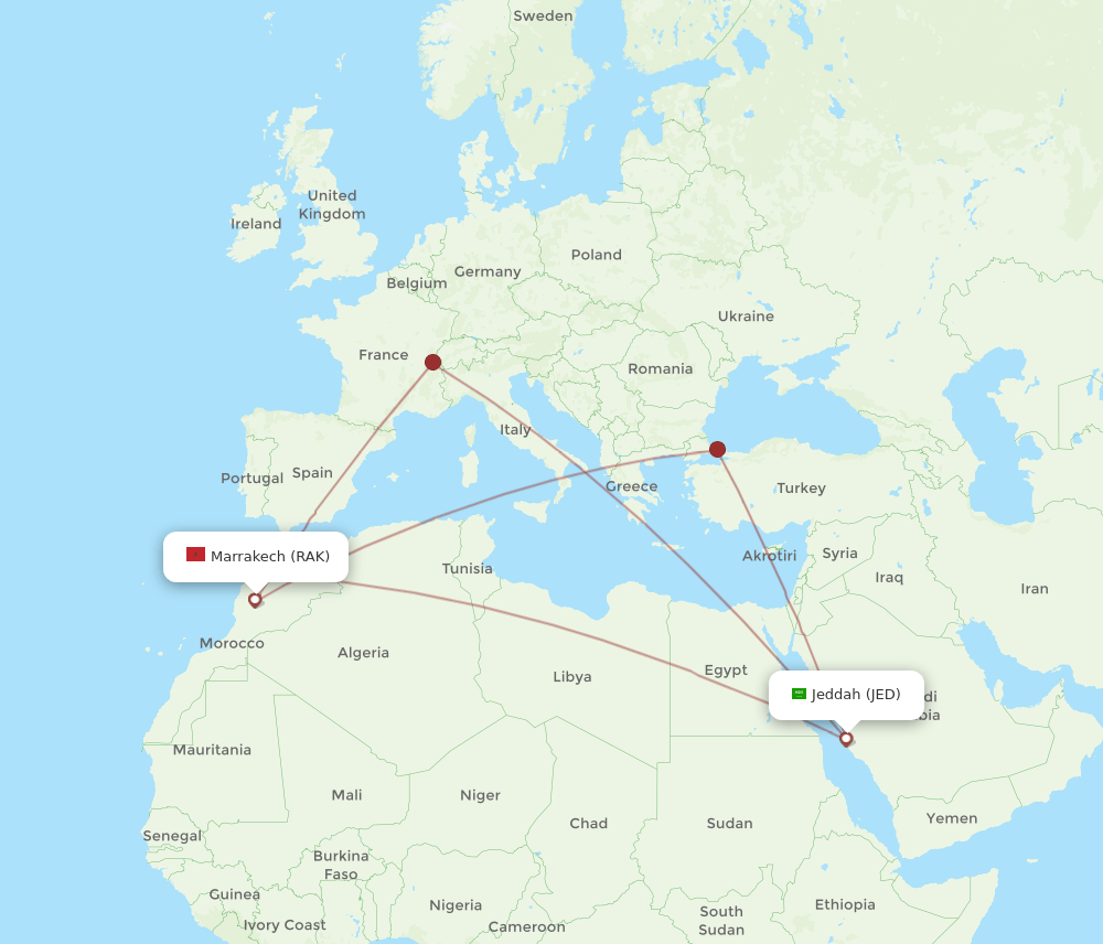 RAK to JED flights and routes map
