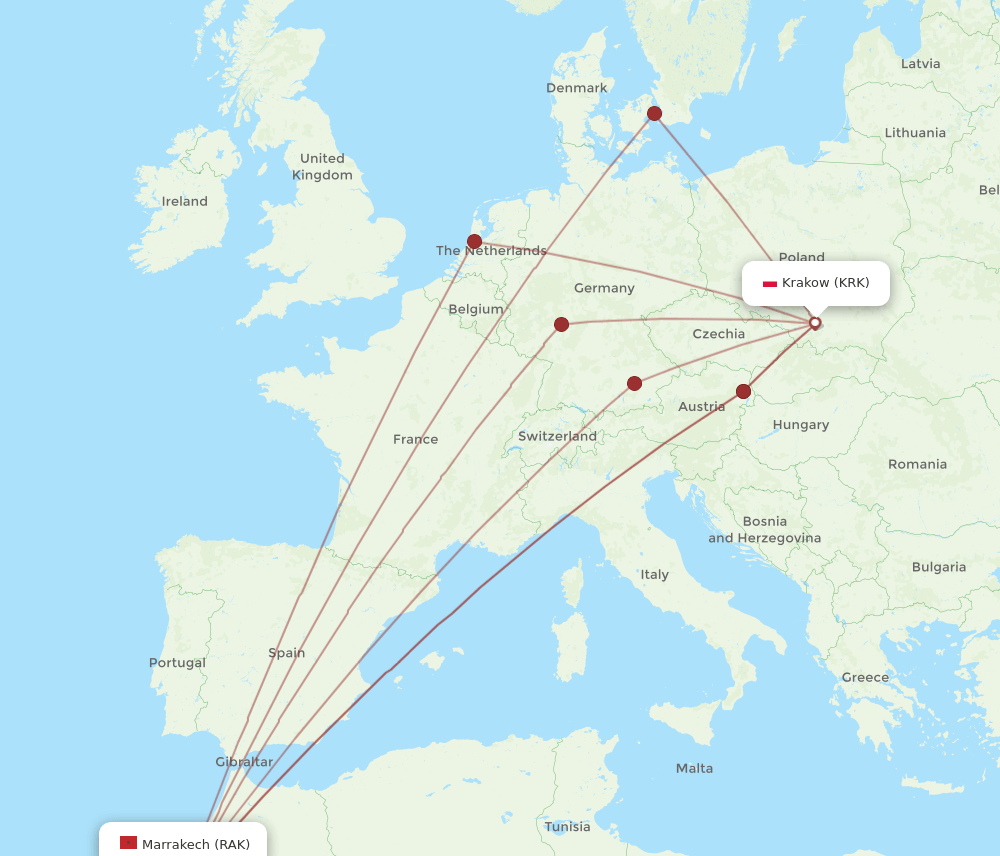 RAK-KRK flight routes