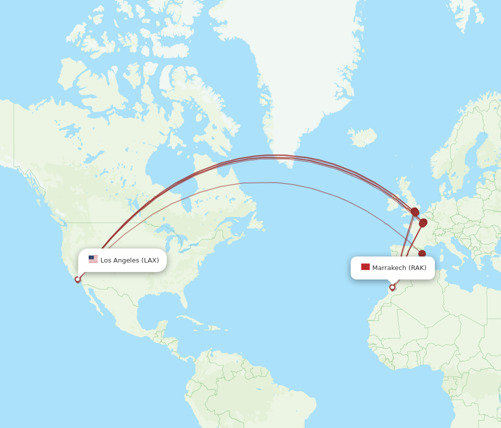RAK to LAX flights and routes map
