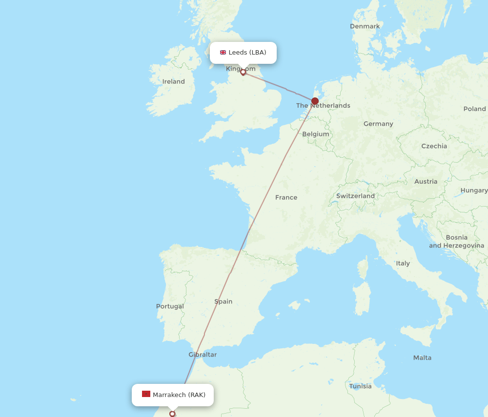 RAK-LBA flight routes