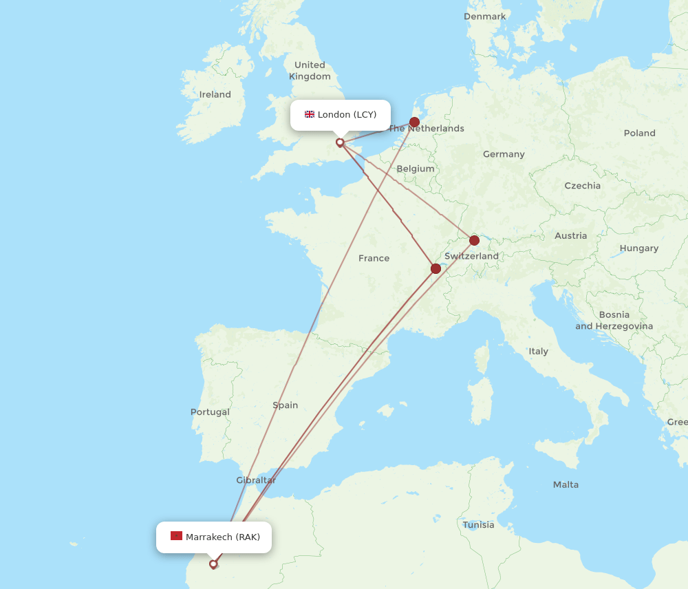 RAK to LCY flights and routes map