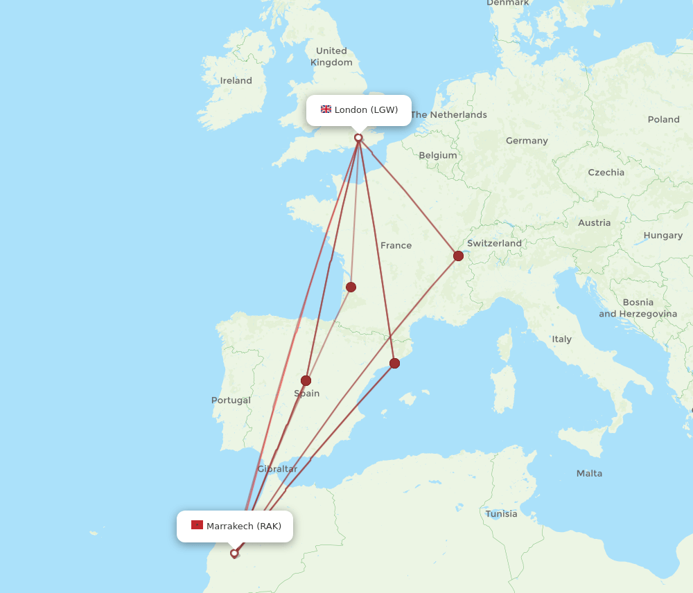 RAK-LGW flight routes