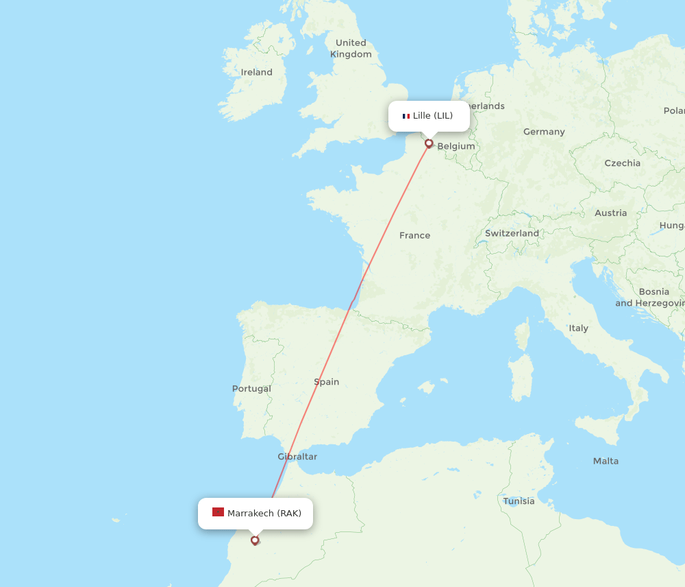 Marrakech - Lille route map and flight paths