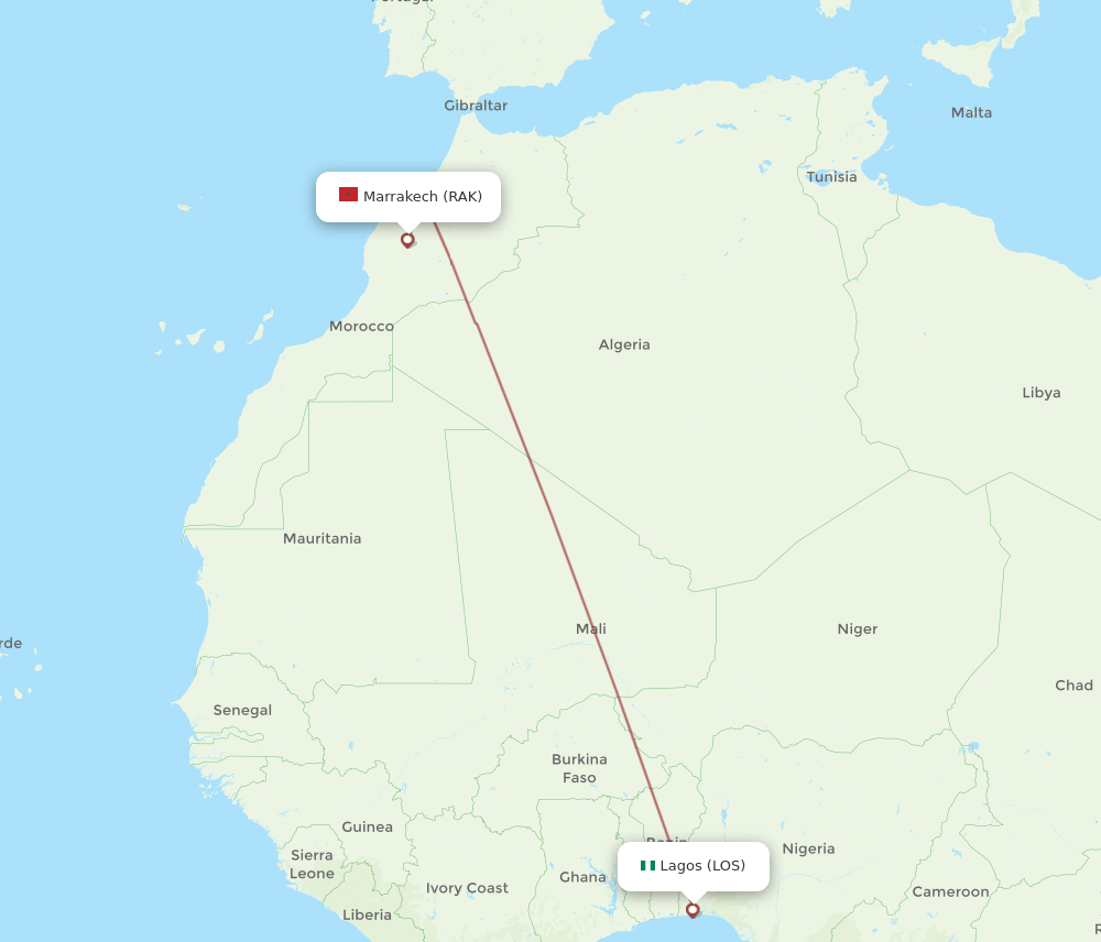 RAK to LOS flights and routes map