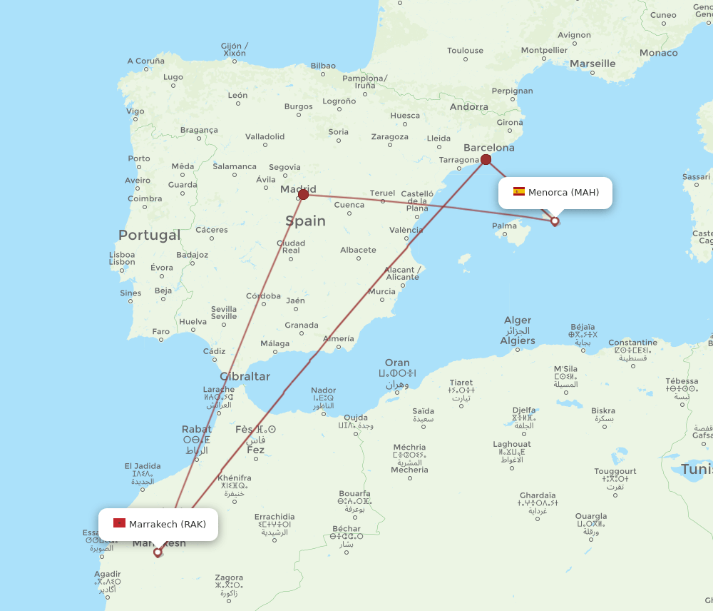 RAK to MAH flights and routes map