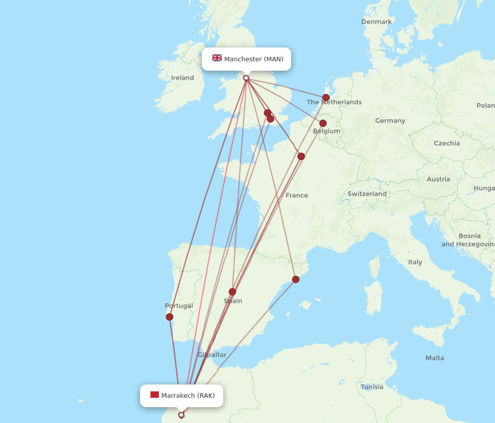 RAK to MAN flights and routes map