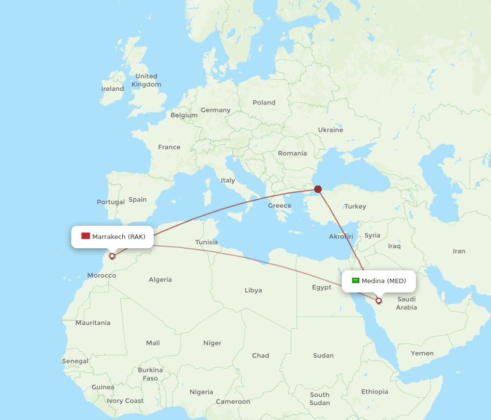 RAK to MED flights and routes map
