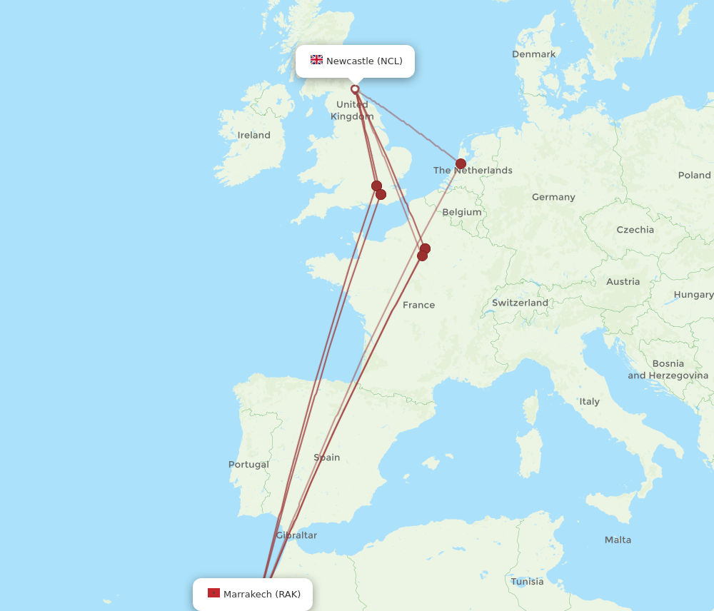RAK-NCL flight routes