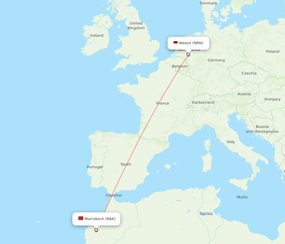 Marrakech - Dusseldorf route map and flight paths