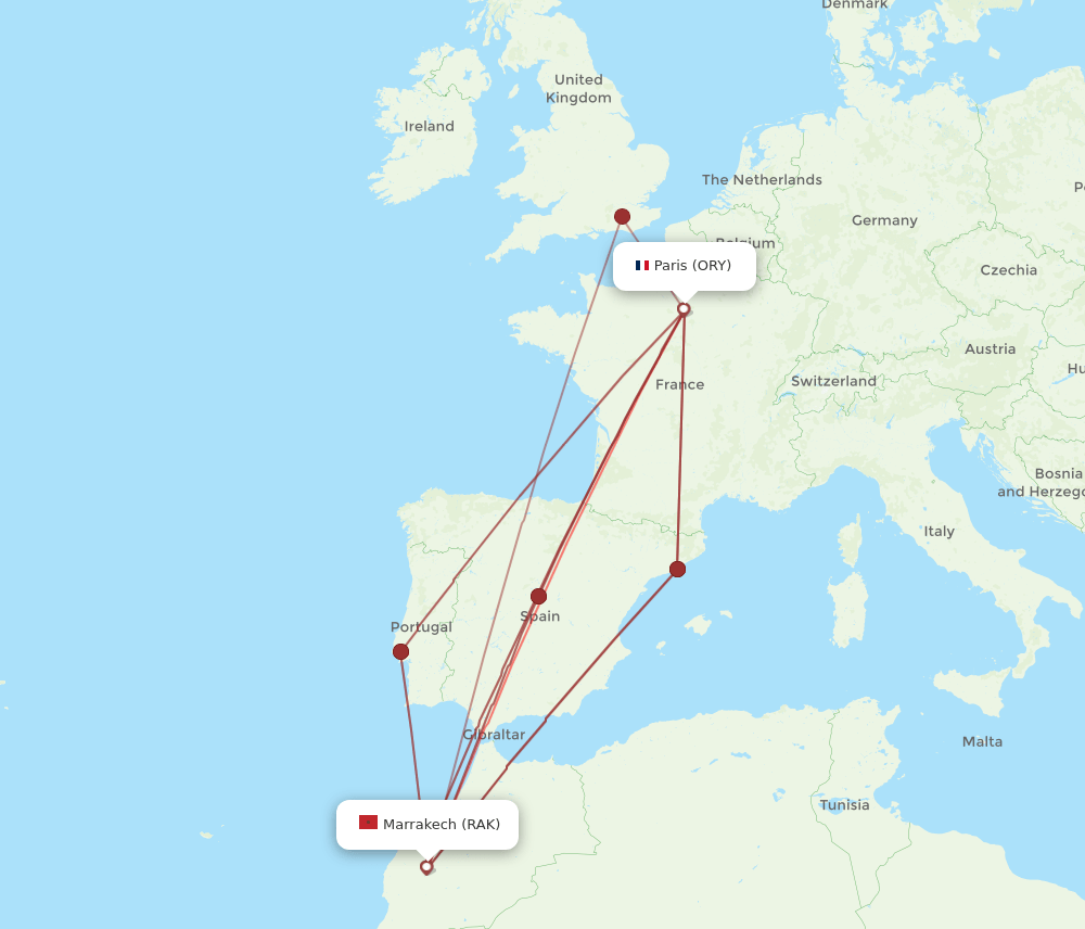 RAK to ORY flights and routes map