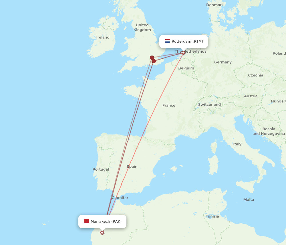 RAK to RTM flights and routes map