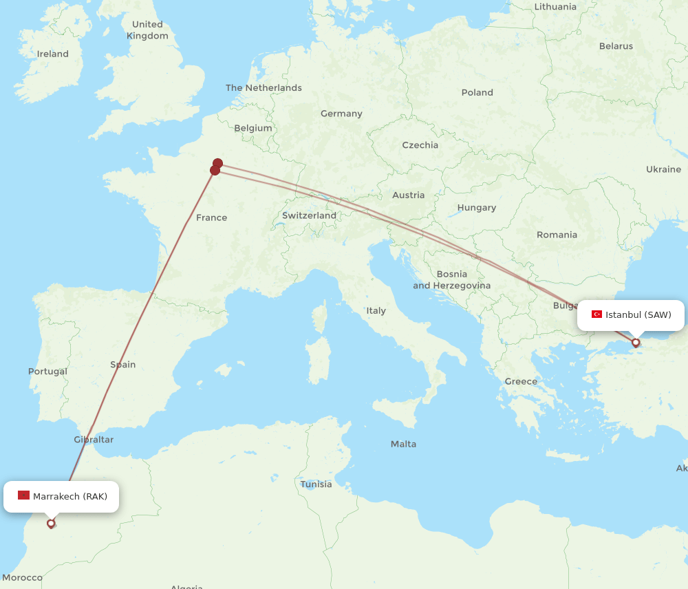 Marrakech - Istanbul route map and flight paths