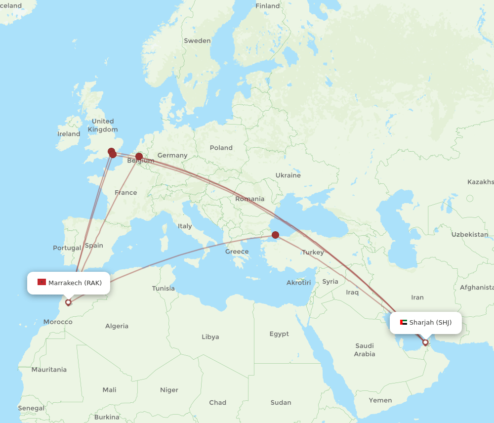 RAK to SHJ flights and routes map