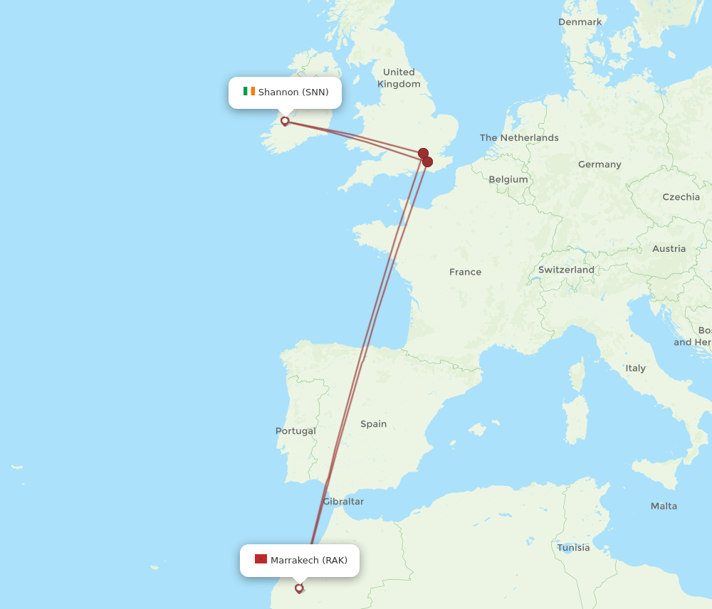 RAK to SNN flights and routes map