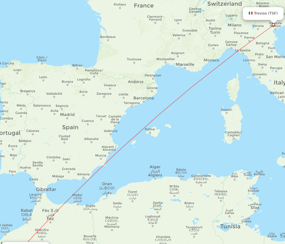 Marrakech - Venice route map and flight paths