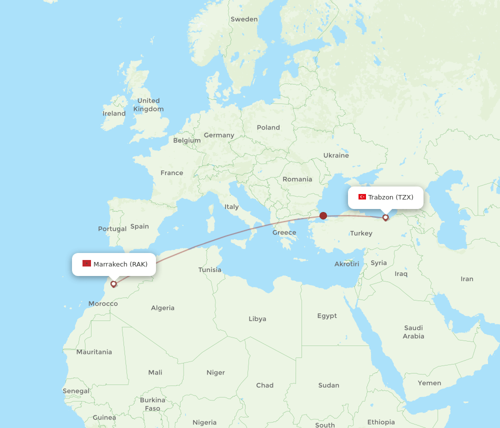RAK to TZX flights and routes map
