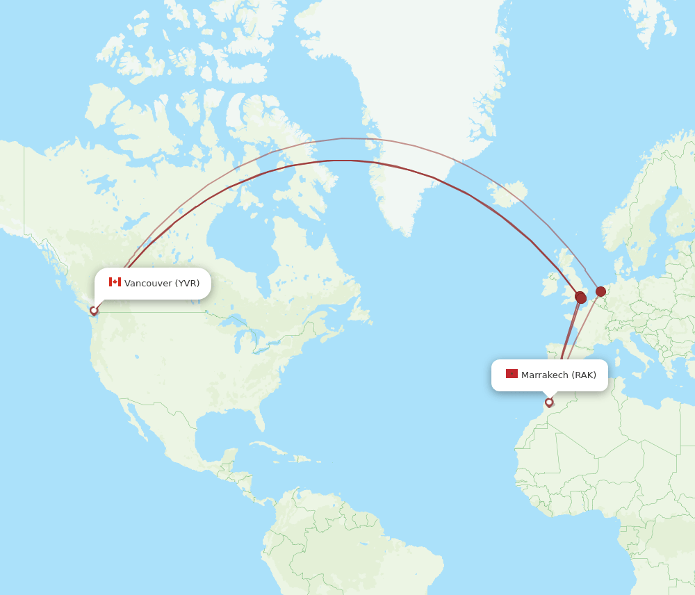 Vancouver - Marrakech route map and flight paths