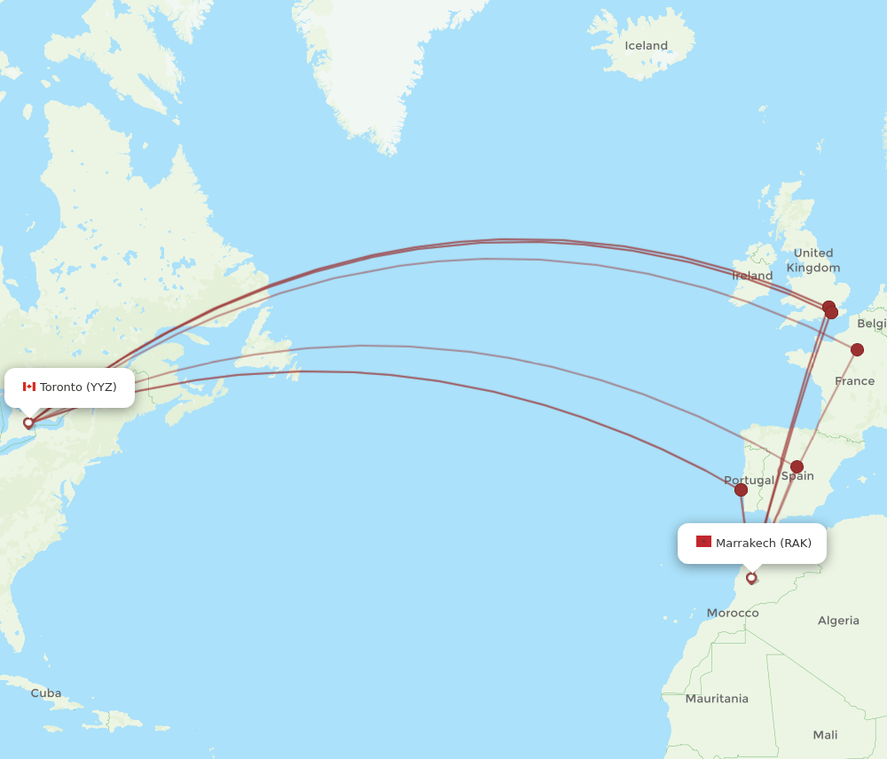 Toronto - Marrakech route map and flight paths