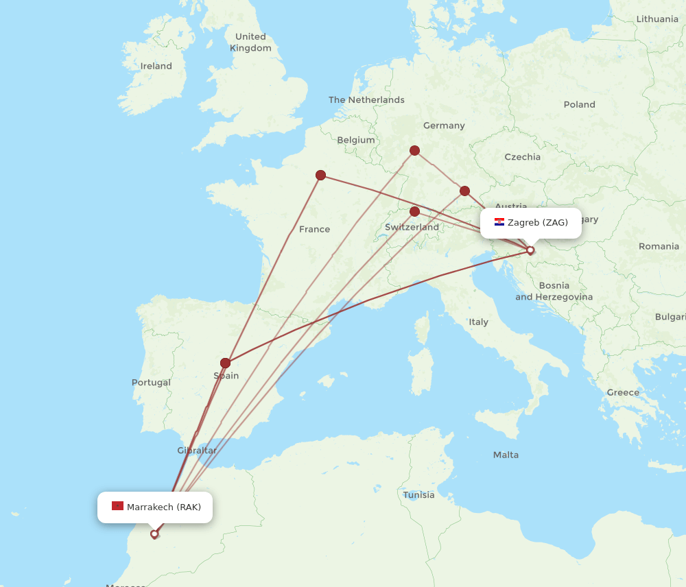 Zagreb - Marrakech route map and flight paths