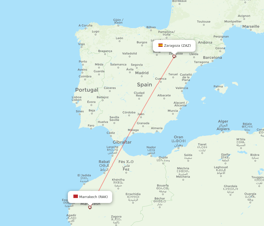 Marrakech - Zaragoza route map and flight paths