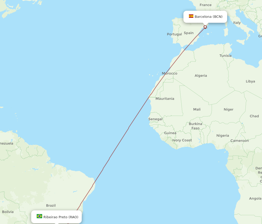 Ribeirao Preto - Barcelona route map and flight paths