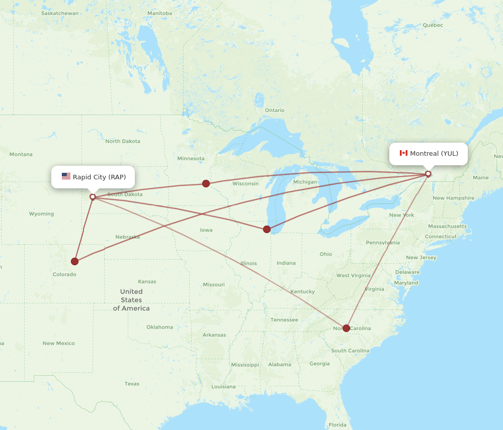 RAP to YUL flights and routes map