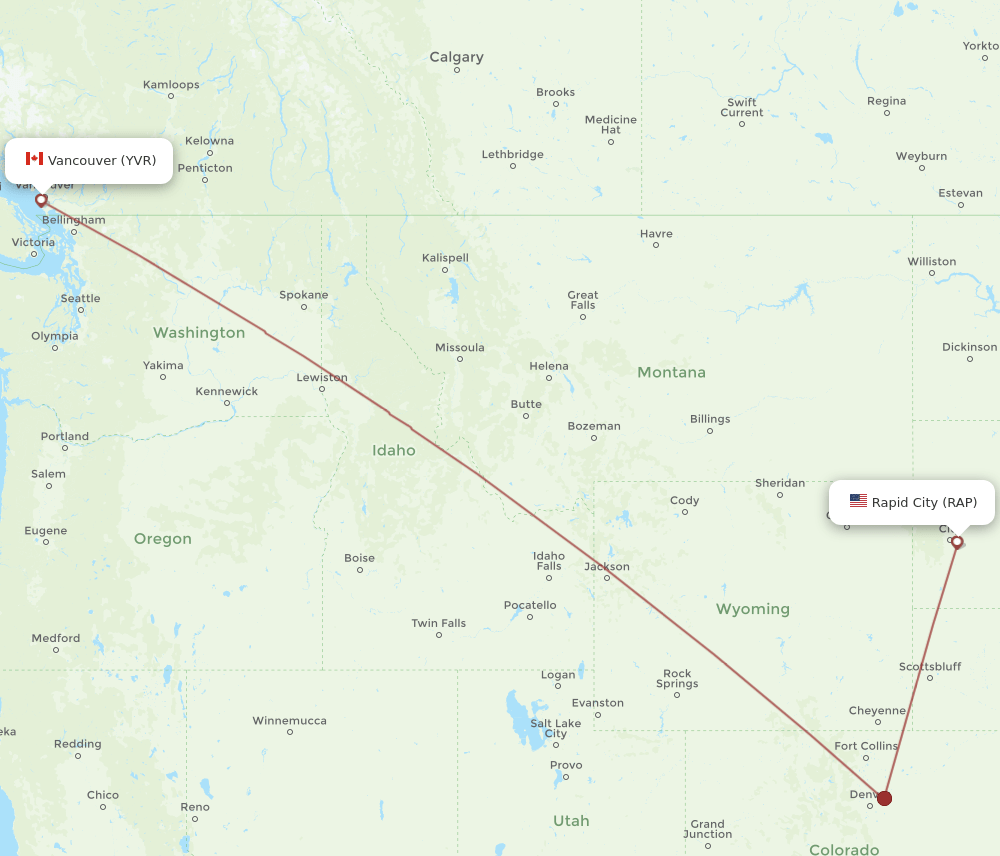 Vancouver - Rapid City route map and flight paths