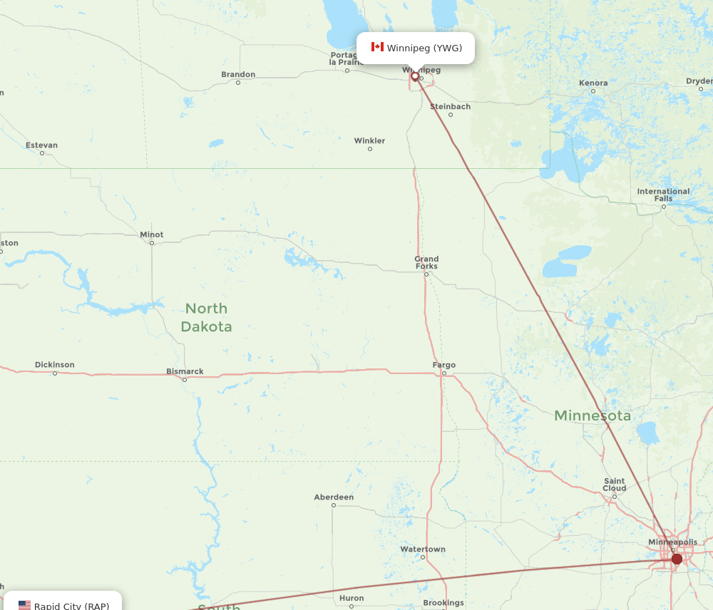 Winnipeg - Rapid City route map and flight paths