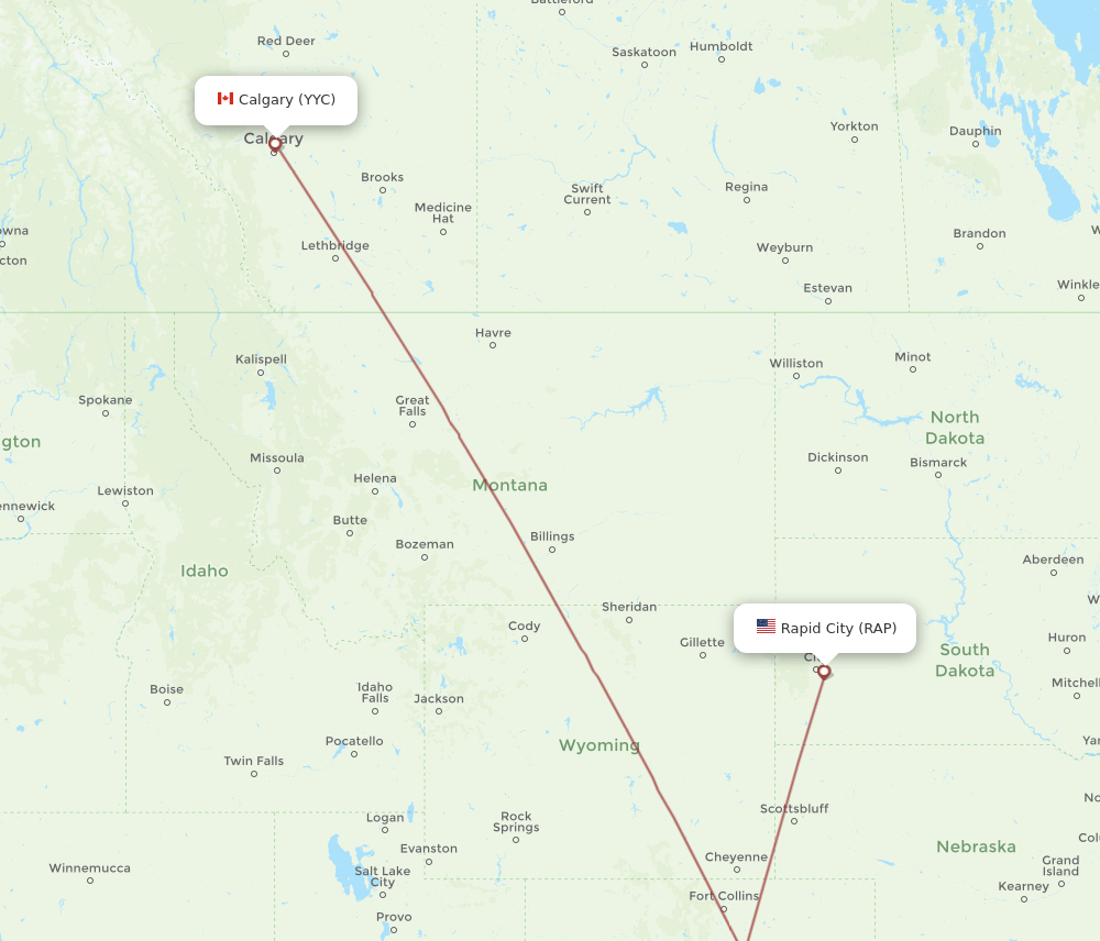 Calgary - Rapid City route map and flight paths