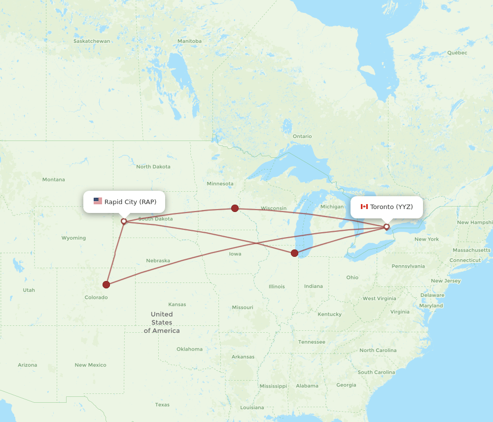 Toronto - Rapid City route map and flight paths