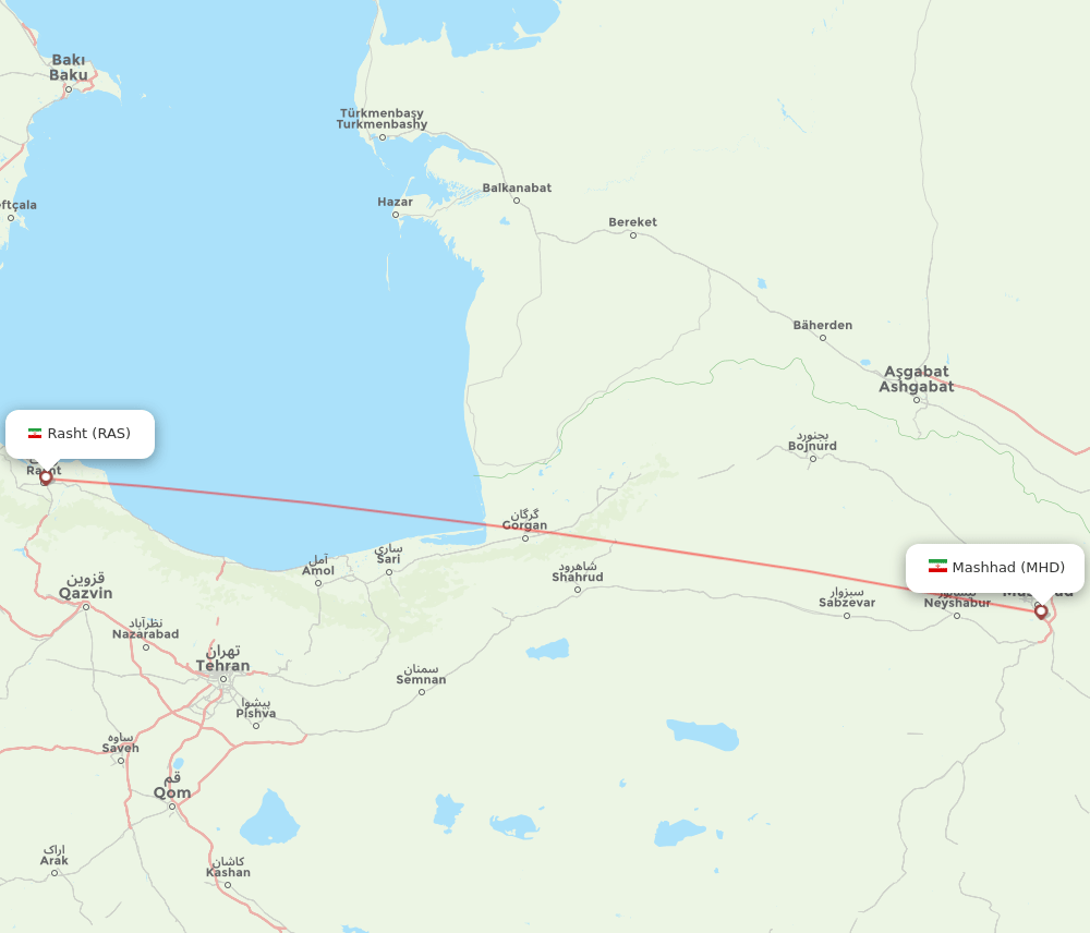 Rasht - Mashad route map and flight paths