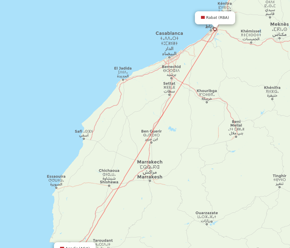 Rabat - Agadir route map and flight paths