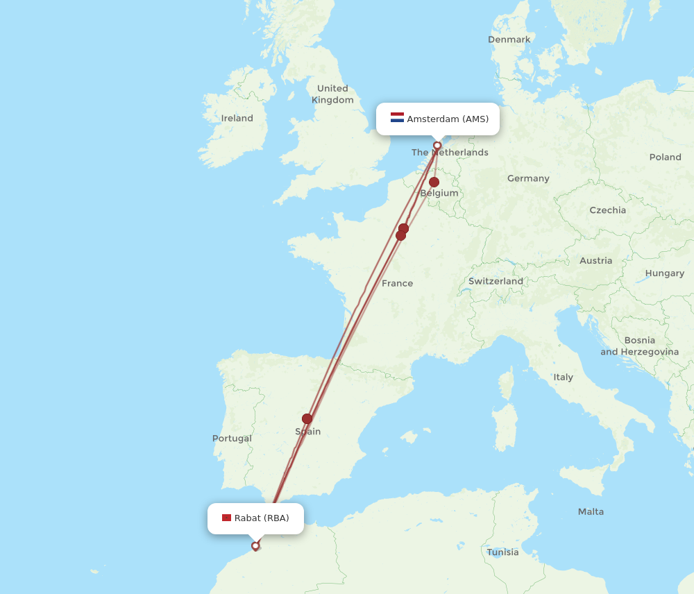 RBA to AMS flights and routes map