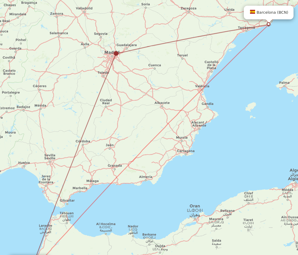 Rabat - Barcelona route map and flight paths