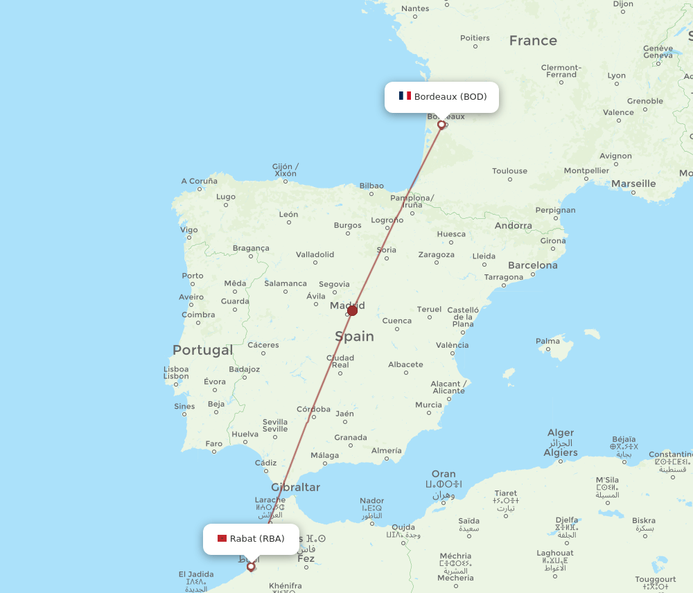 Rabat - Bordeaux route map and flight paths
