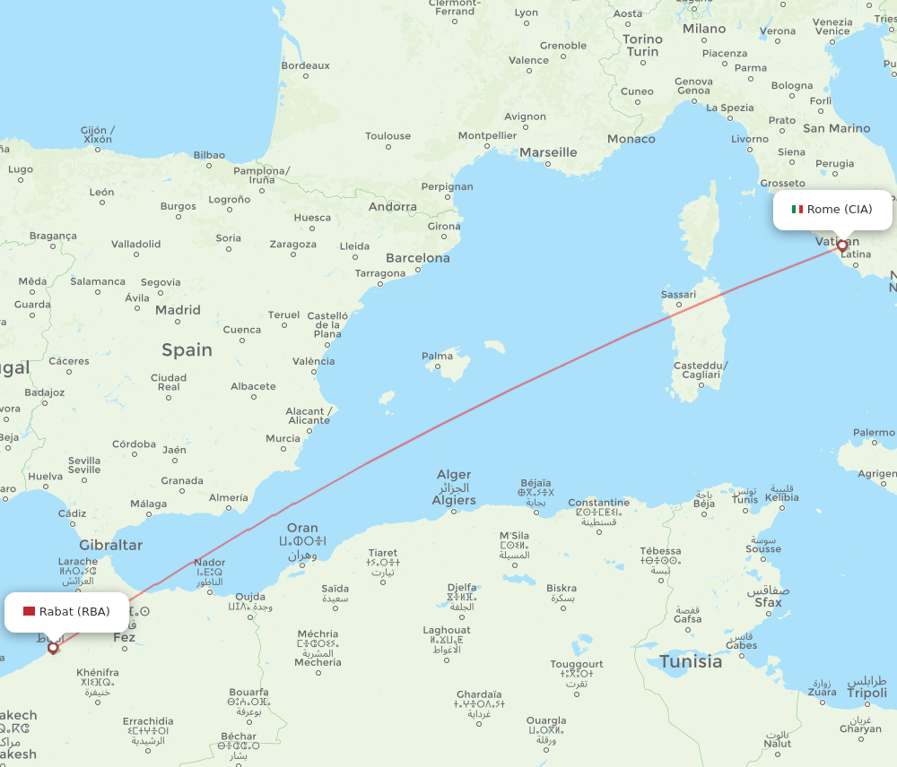 Rabat - Rome route map and flight paths