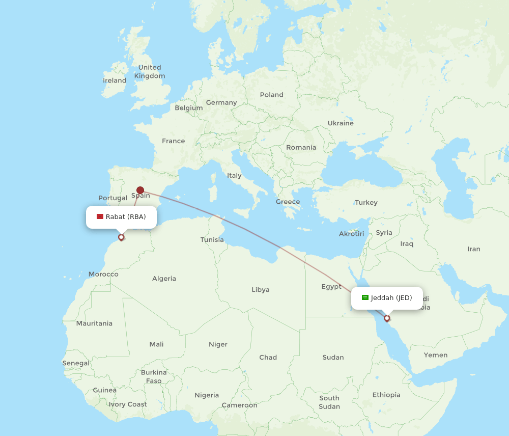 Jeddah - Rabat route map and flight paths