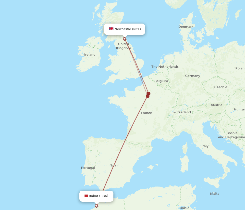 RBA-NCL flight routes