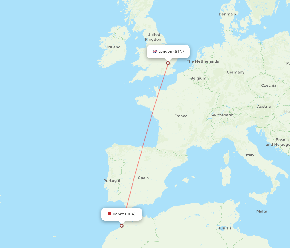 RBA to STN flights and routes map