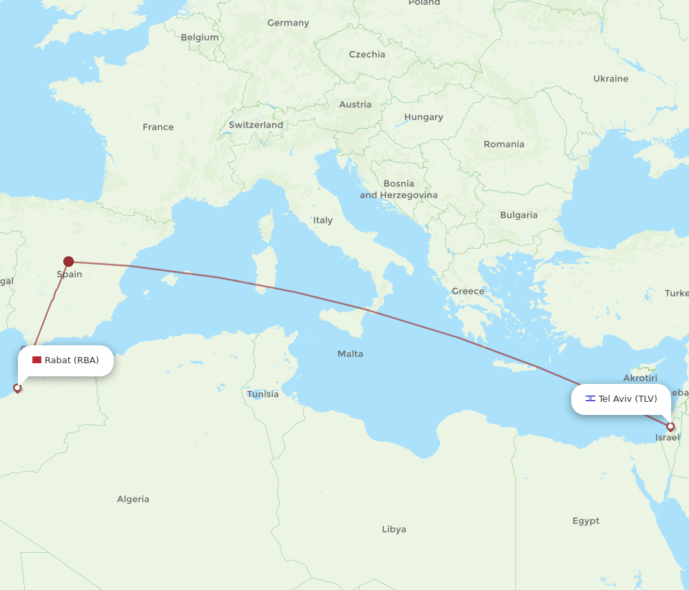 Rabat - Tel Aviv-Yafo route map and flight paths