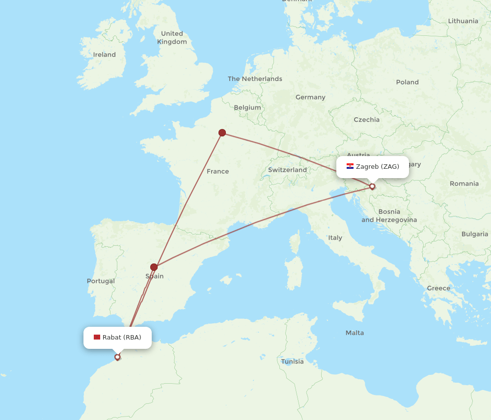 Zagreb - Rabat route map and flight paths