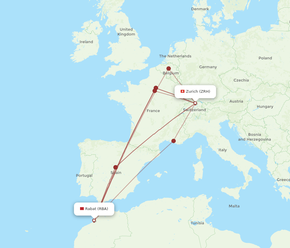 Zurich - Rabat route map and flight paths
