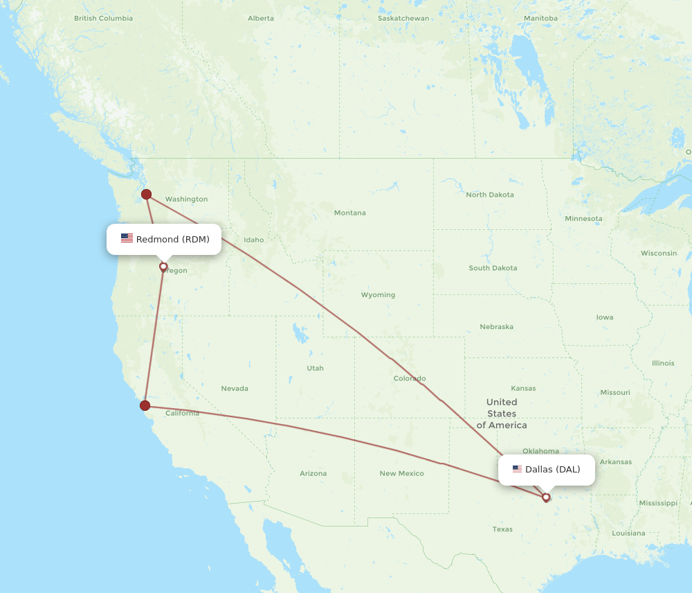 Redmond - Dallas route map and flight paths