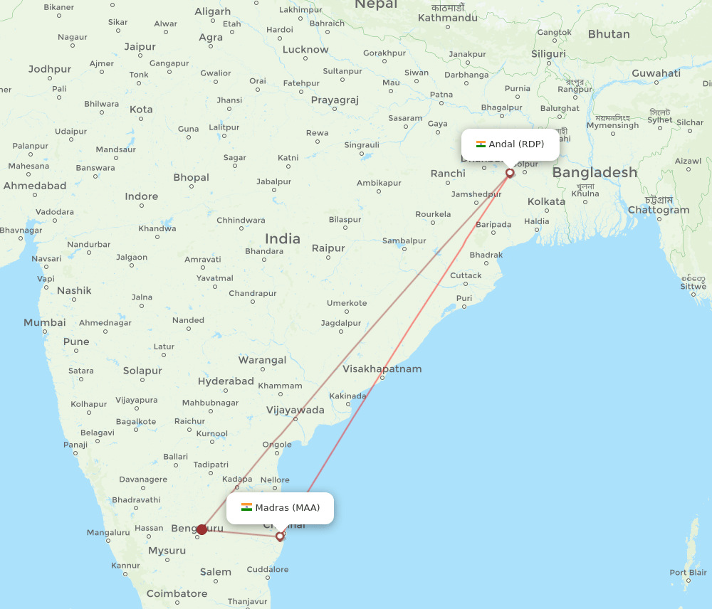 RDP to MAA flights and routes map