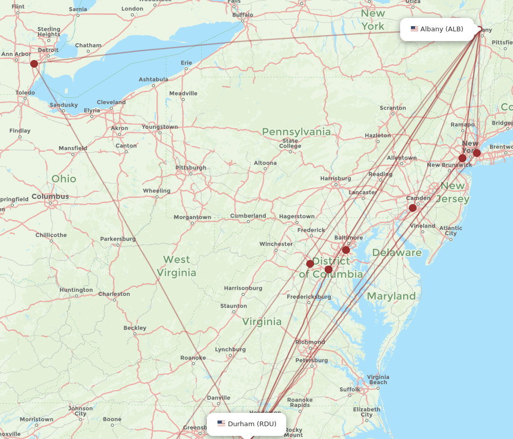 RDU to ALB flights and routes map