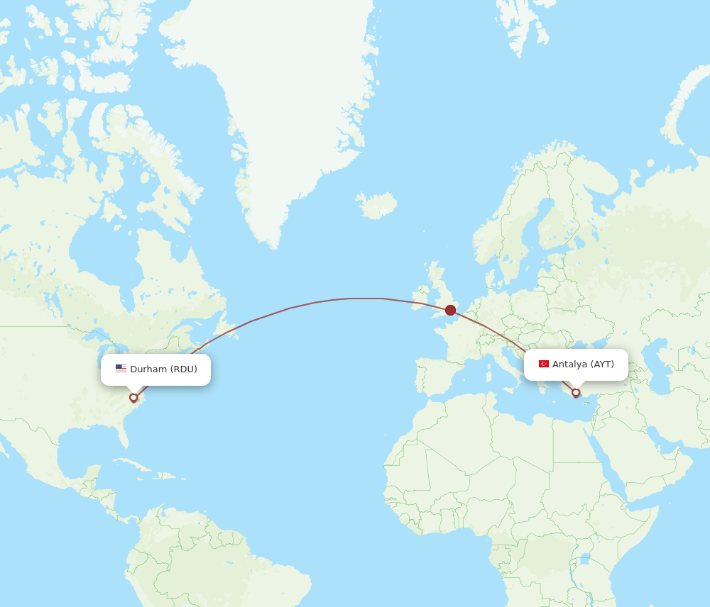 Antalya - Raleigh/Durham route map and flight paths